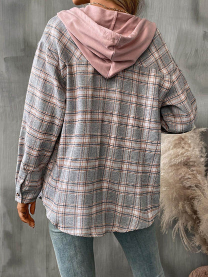 Plaid Long Sleeve Hooded Jacket for Women with Pockets - Selvanelle