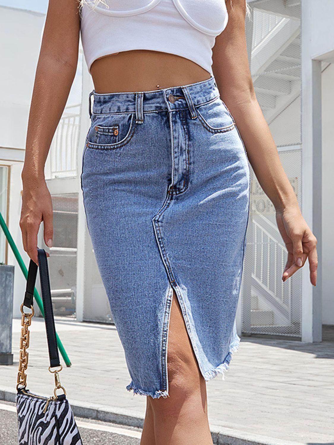 Raw Hem Slit Denim Skirt for Trendy Casual Wear - Selvanelle