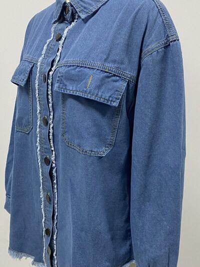 Pocketed Collared Neck Long Sleeve Denim Shirt for Women - Selvanelle