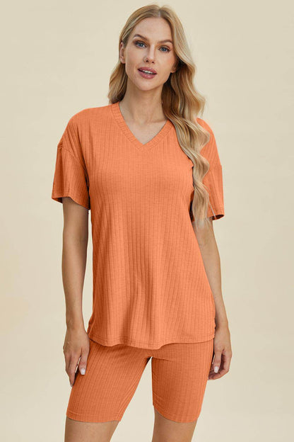 Basic Bae Full Size Ribbed V-Neck Top and Shorts Set For Women - Selvanelle