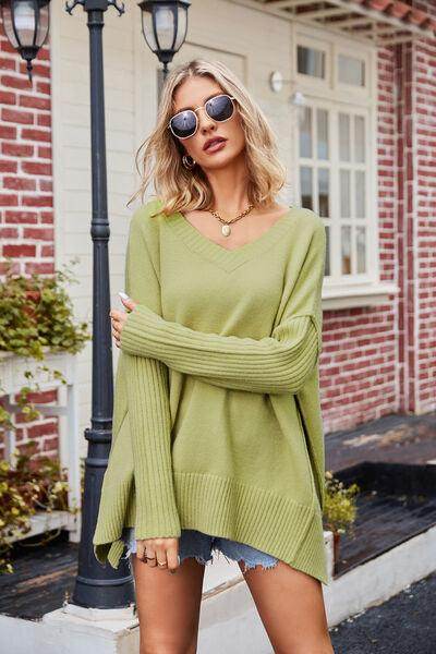 Slit V-Neck Dropped Shoulder Sweater for Effortless Style - Selvanelle