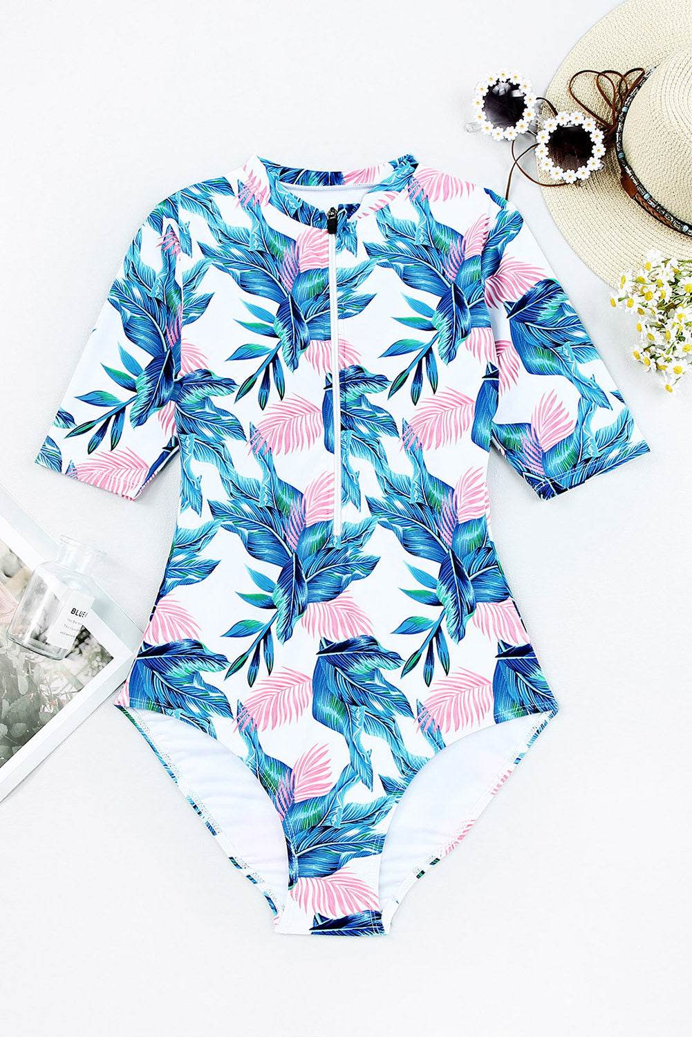 Printed Notched Half Sleeve One-Piece Swimwear - Selvanelle