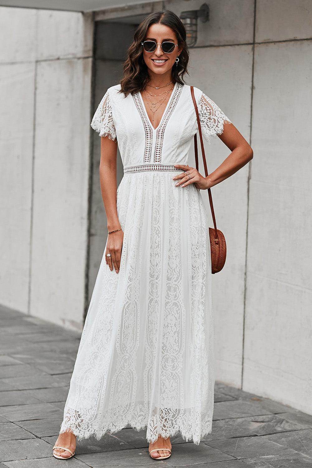 Scalloped Trim Lace Plunge Dress for Elegant Occasions - Selvanelle