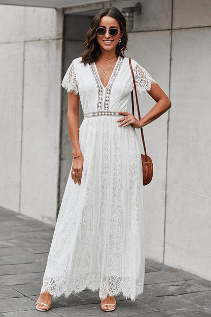 Scalloped Trim Lace Plunge Dress for Elegant Occasions - Selvanelle