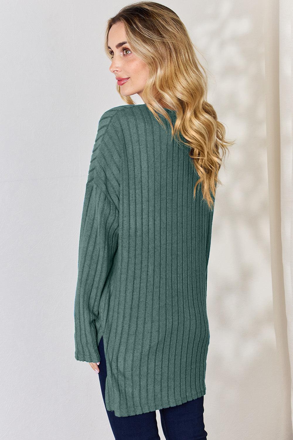 Basic Bae Full Size Ribbed Half Button Long Sleeve T-Shirt