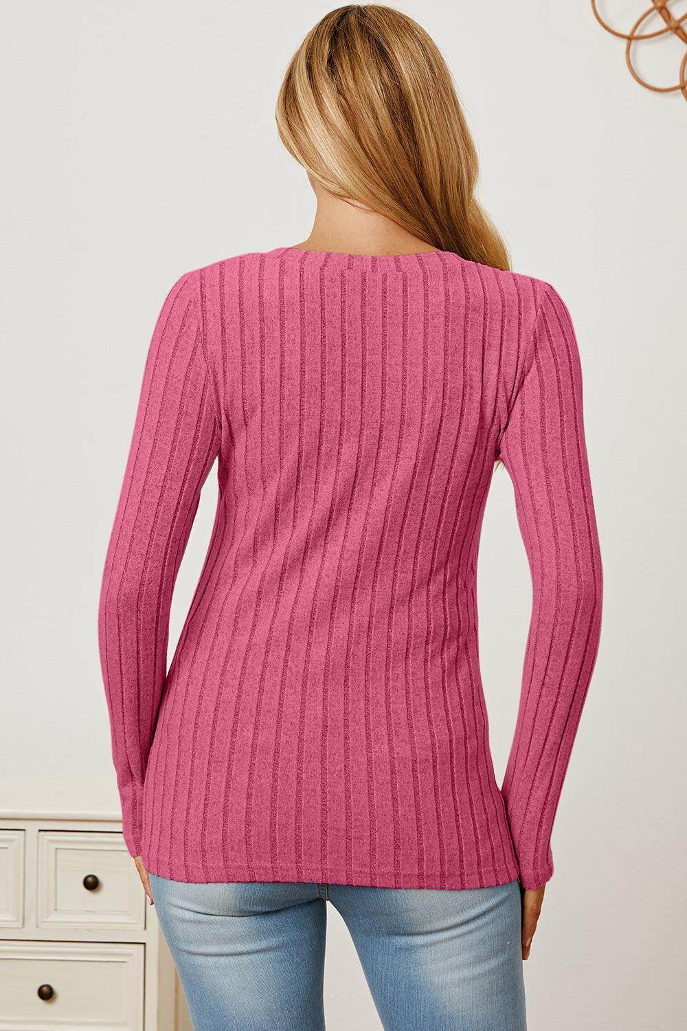Basic Bae Full Size Ribbed V-Neck Long Sleeve T-Shirt - Selvanelle