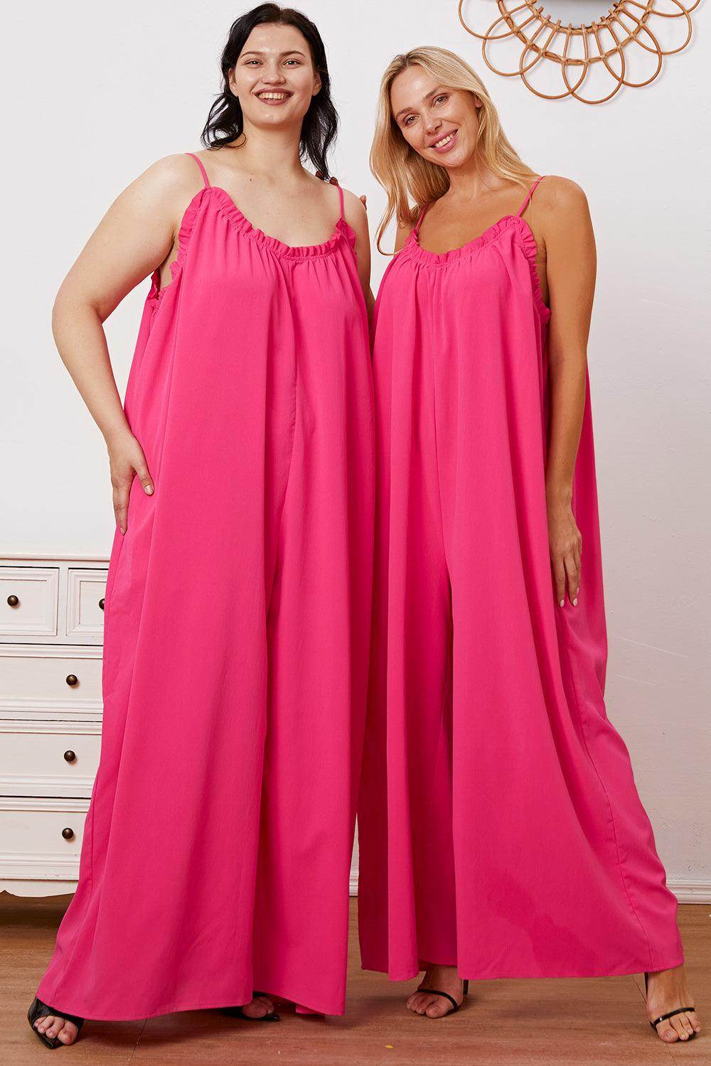 Double Take Full Size Ruffle Trim Tie Back Cami Jumpsuit - Selvanelle