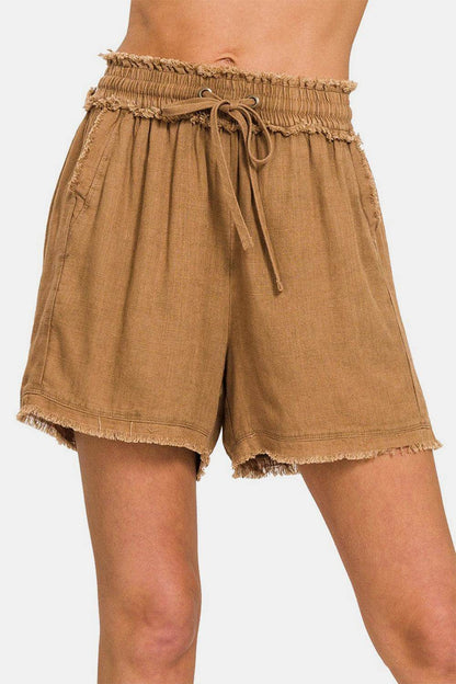 Zenana Washed Linen Frayed Hem Drawstring Shorts for Summer - Selvanelle