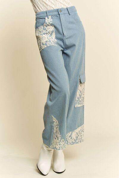 Davi & Dani Lace Applique Wide Leg Jeans for Women - Selvanelle