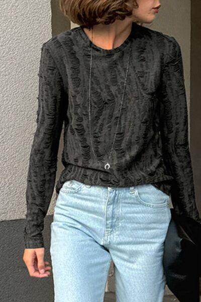 Distressed Round Neck Long Sleeve Blouse for Women Stylish - Selvanelle
