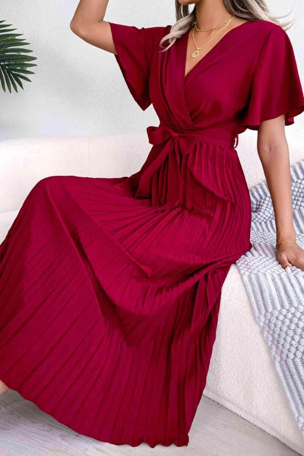 Pleated Flutter Sleeve Belted Dress for Casual Wear - Selvanelle