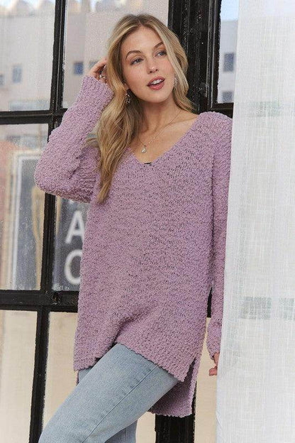 ADORA High-Low Side Slit V-Neck Sweater for Women - Selvanelle