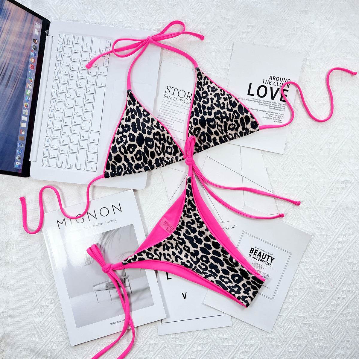 Leopard Print Halter Neck Tie Side Bikini Set - Selvanelle