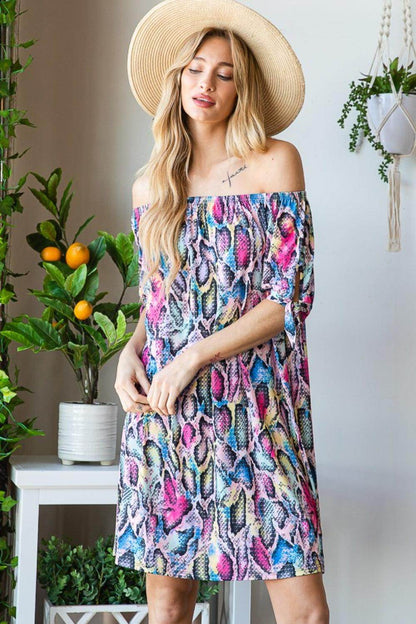 Heimish Full Size Off Shoulder Snake Mini Dress for Women - Selvanelle