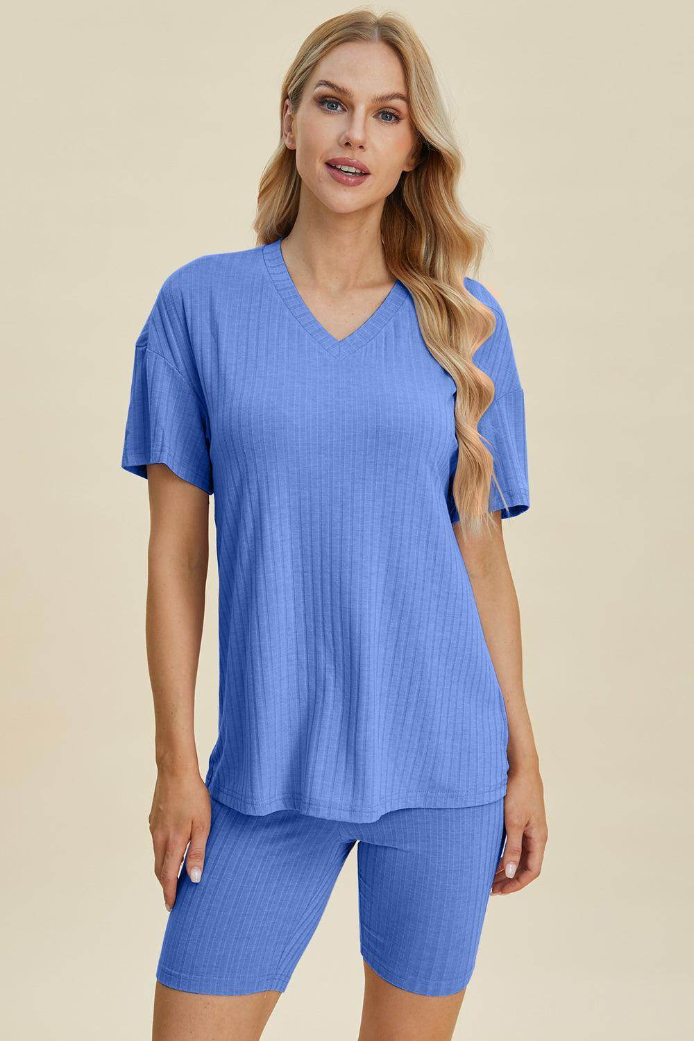Basic Bae Full Size Ribbed V-Neck Top and Shorts Set For Women - Selvanelle
