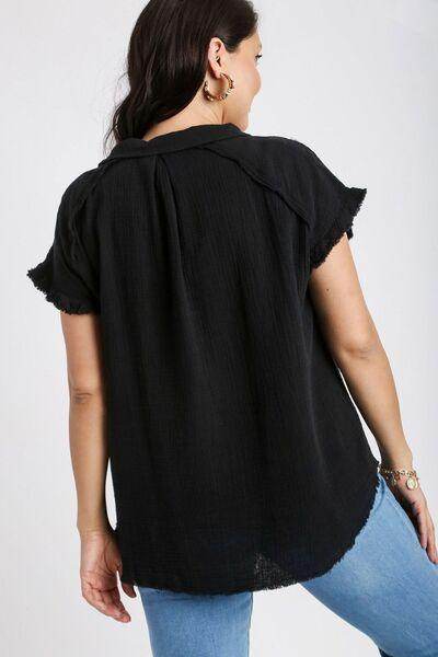 Umgee Full Size Frayed Hem Collared Neck Shirt Plus Size - Selvanelle