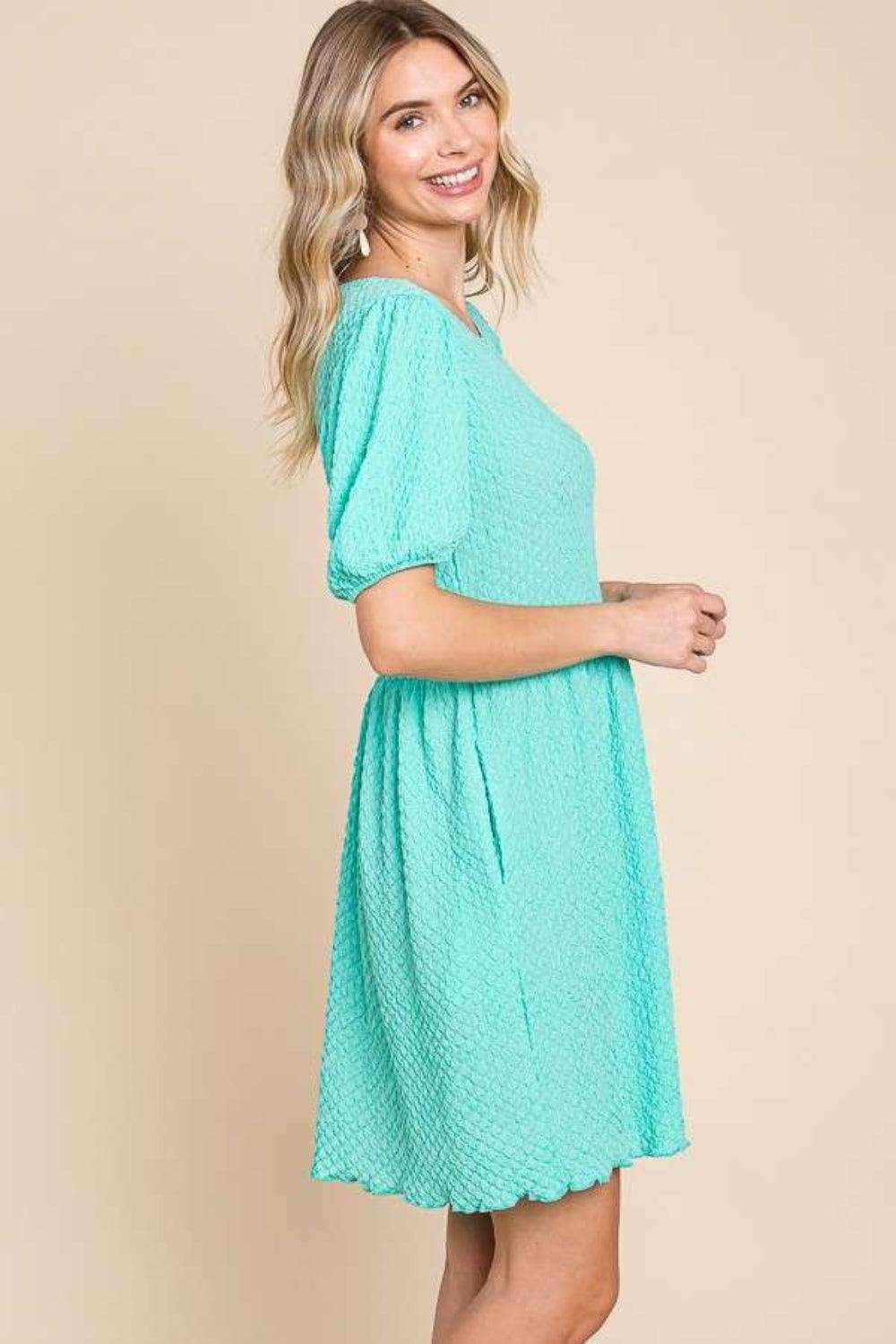 Culture Code Full Size Textured Round Neck Puff Sleeve Dress - Selvanelle