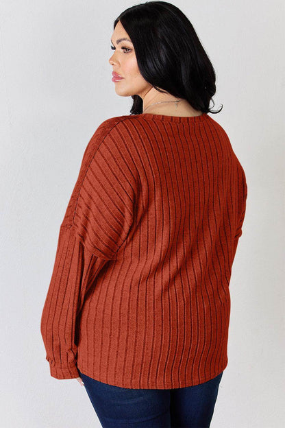 Basic Bae Full Size Ribbed Half Button Long Sleeve T-Shirt - Selvanelle