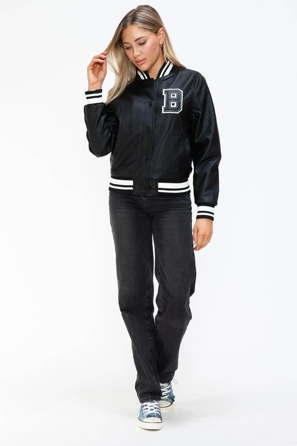 Love Me Now PU Leather Contrast Snap Down Bomber Jacket - Selvanelle