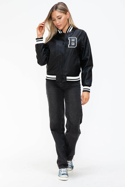 Love Me Now PU Leather Contrast Snap Down Bomber Jacket - Selvanelle