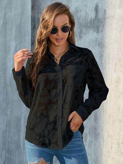 Full Size Collared Neck Long Sleeve Shirt Plus Size Women - Selvanelle