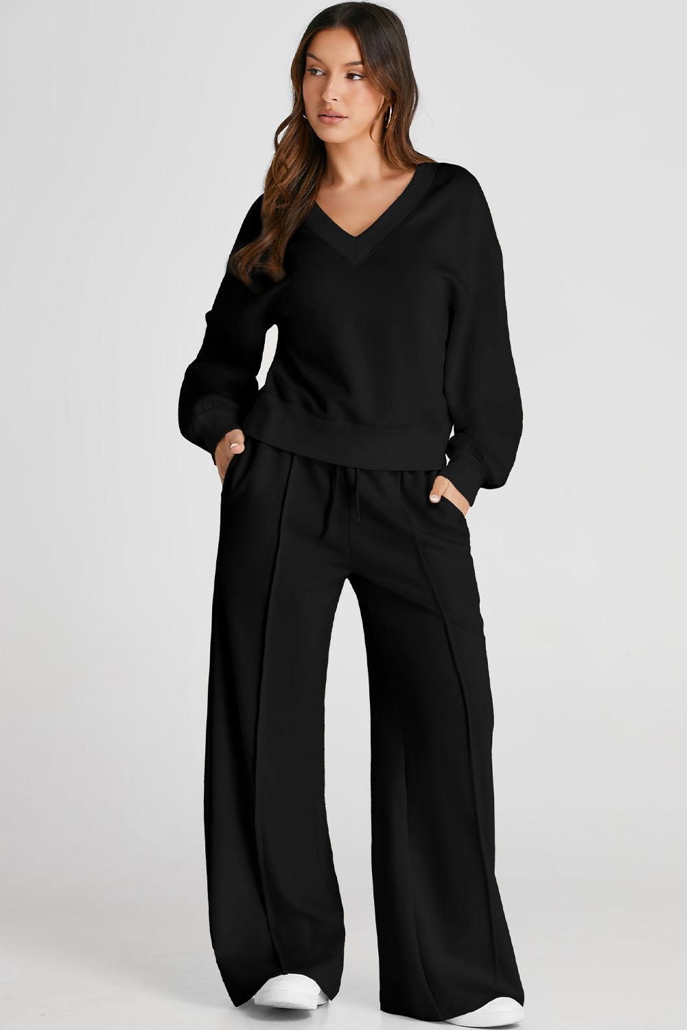 V-Neck Long Sleeve Top and Pants Active Set for Women