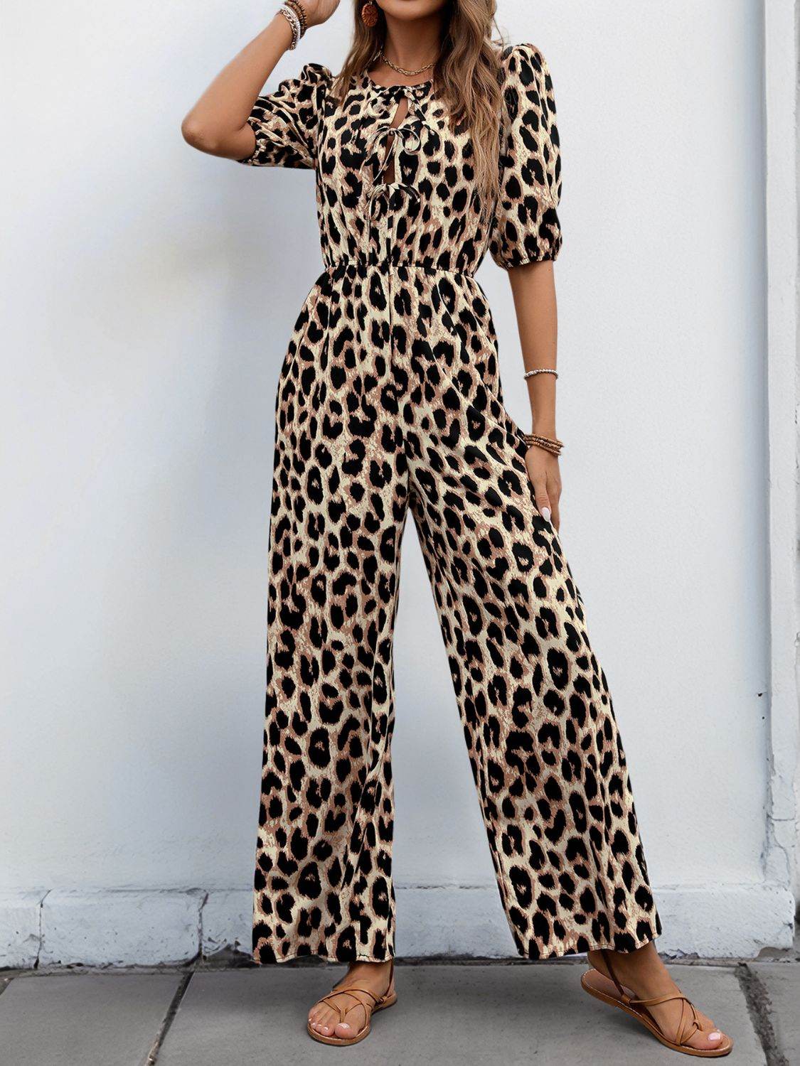 Perfee Tied Leopard Half Sleeve Jumpsuit - Selvanelle