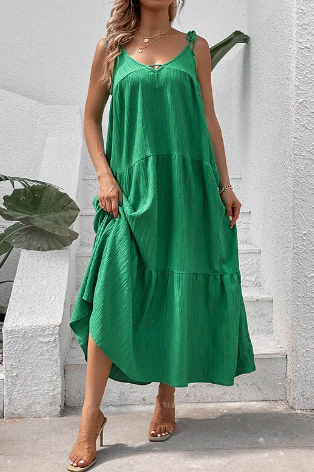 Perfee Tie-Shoulder Tiered Maxi Dress for Vacation Wear - Selvanelle