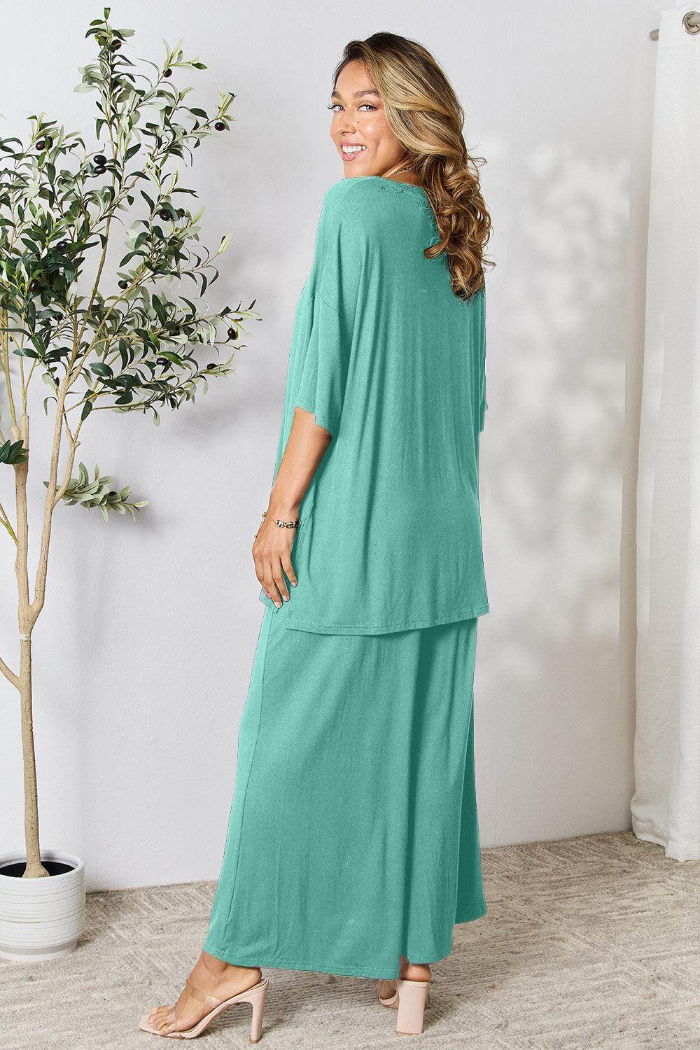 Double Take Full Size Round Neck Slit Top and Pants Set - Selvanelle