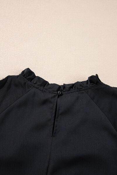 Mock Neck Cold Shoulder Blouse with Sheer Frill Details - Selvanelle