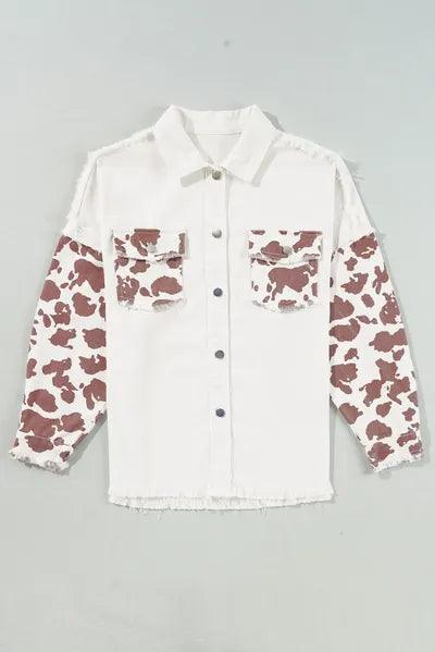 Stylish Raw Hem Animal Print Long Sleeve Denim Jacket for Women, featuring bold animal print and trendy raw hem detail.