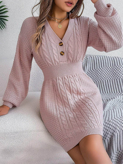 Buttoned Cable-Knit V-Neck Sweater Dress for Women - Selvanelle