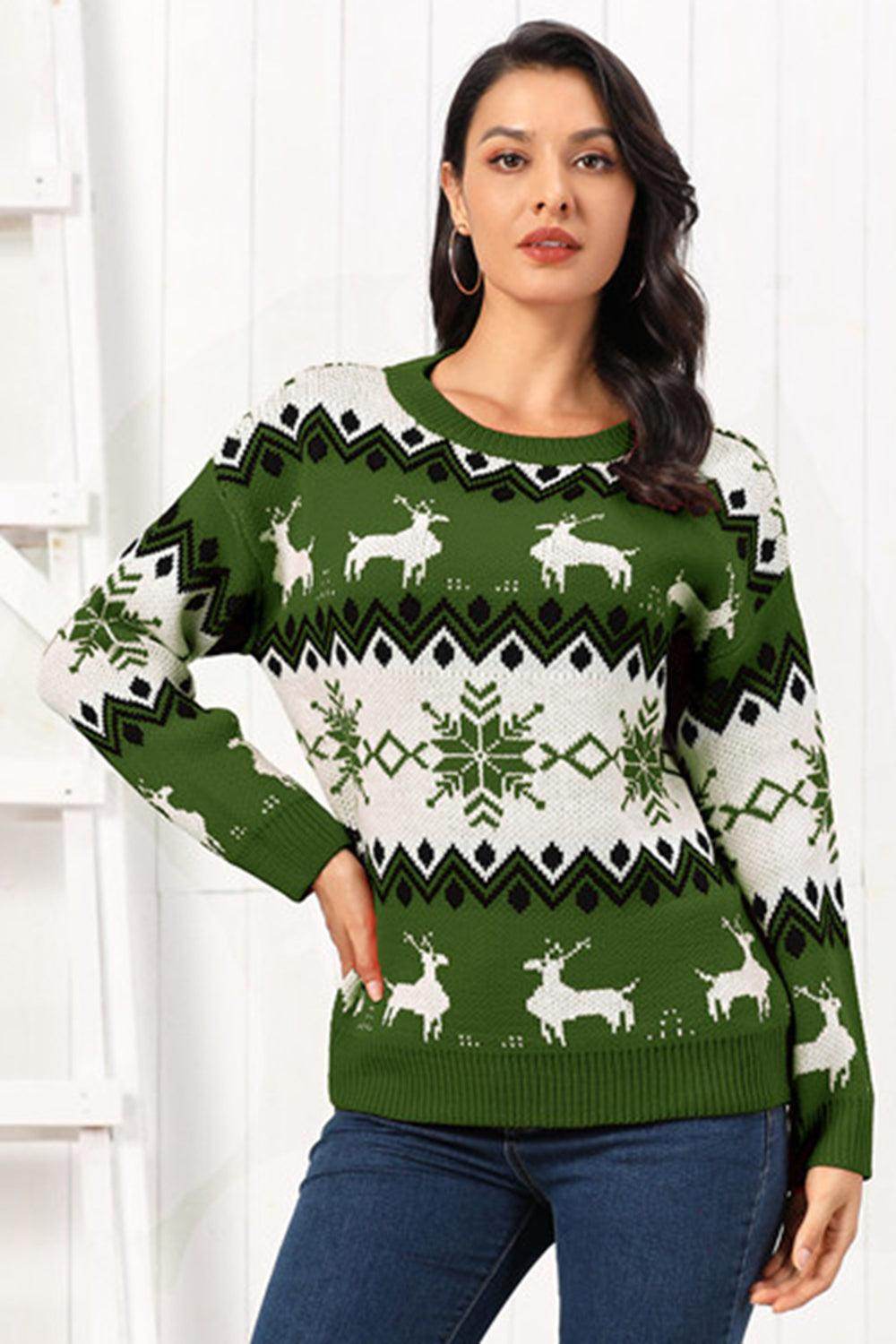 Reindeer Round Neck Sweater for Cozy Winter Style - Selvanelle