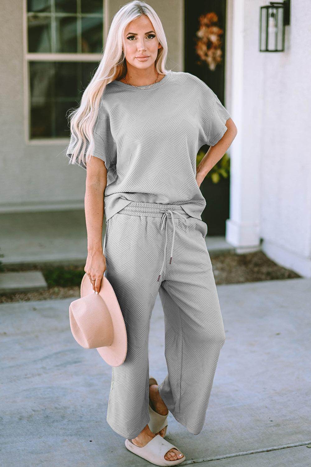 Double Take Full Size Texture Top and Pants Set for Women - Selvanelle