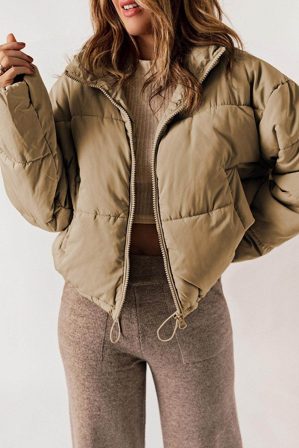 Zip Up Collared Neck Long Sleeve Winter Coat for Women - Selvanelle