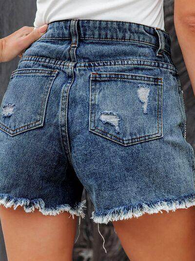 Distressed Fringe Denim Shorts with Pockets for Women - Selvanelle