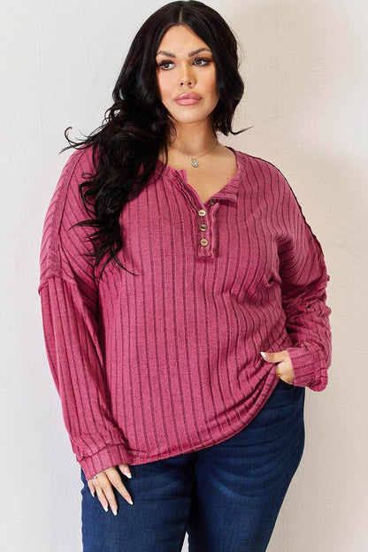 Basic Bae Full Size Ribbed Half Button Long Sleeve T-Shirt - Selvanelle