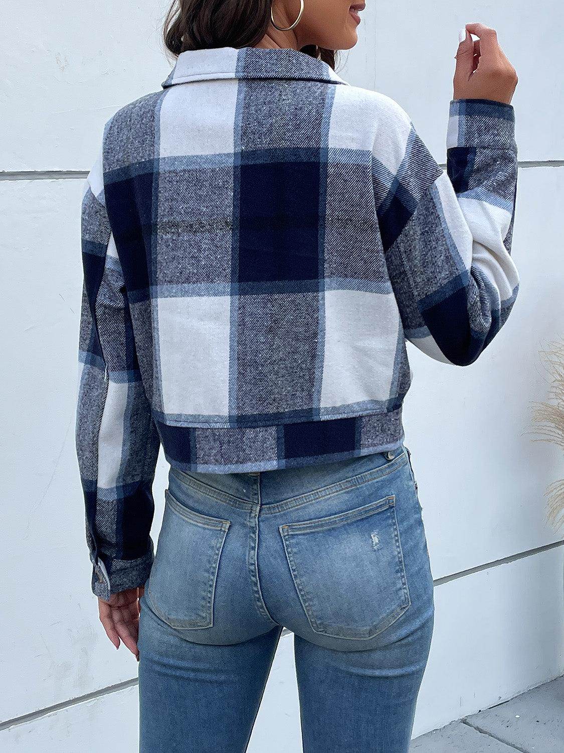 Perfee Plaid Button Up Drop Shoulder Cropped Jacket for Women - Selvanelle