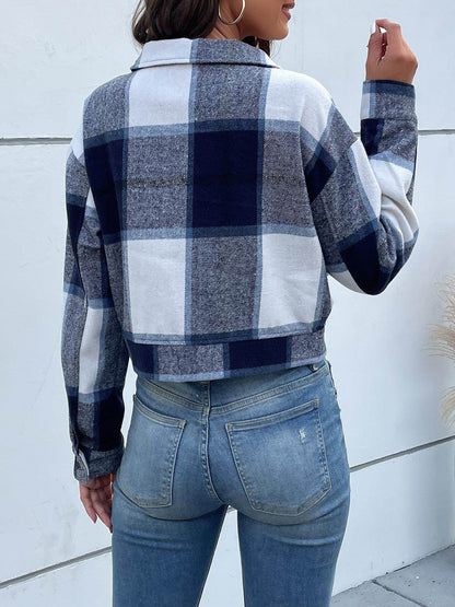 Perfee Plaid Button Up Drop Shoulder Cropped Jacket for Women - Selvanelle