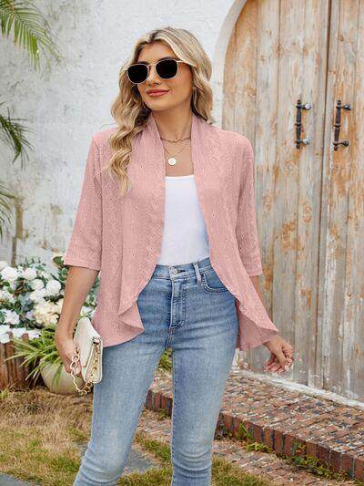 Eyelet Open Front Three-Quarter Sleeve Top for Women - Selvanelle