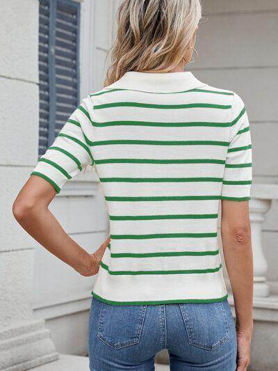 Striped Johnny Collar Short Sleeve Sweater for Women - Selvanelle