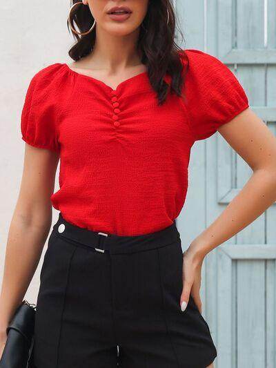 Ruched Decor Button V-Neck Short Sleeve Blouse for Women - Selvanelle
