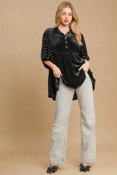 Umgee Pearl Detail Half Sleeve Velvet Babydoll Blouse - Selvanelle