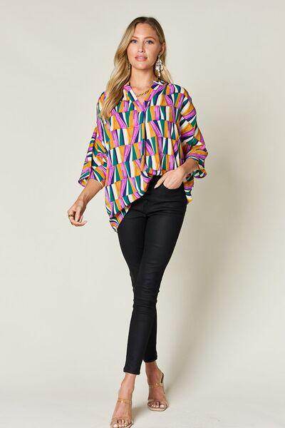 Double Take Full Size Geometric Notched Dolman Sleeve Top - Selvanelle