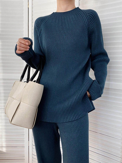 Mock Neck Raglan Sleeve Top and Pants Sweater Set for Women - Selvanelle