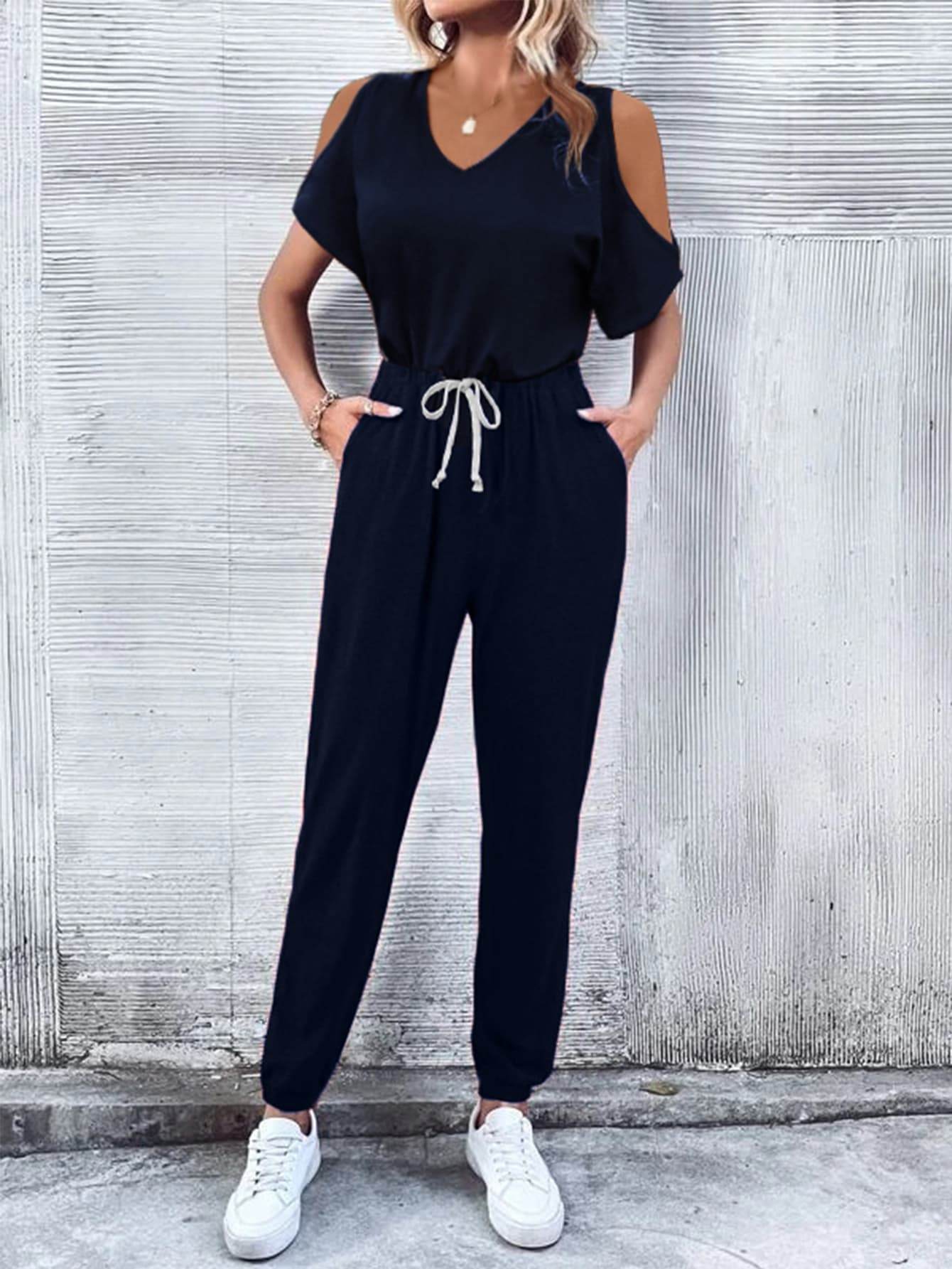 V-Neck Cold-Shoulder Jumpsuit with Pockets - Selvanelle