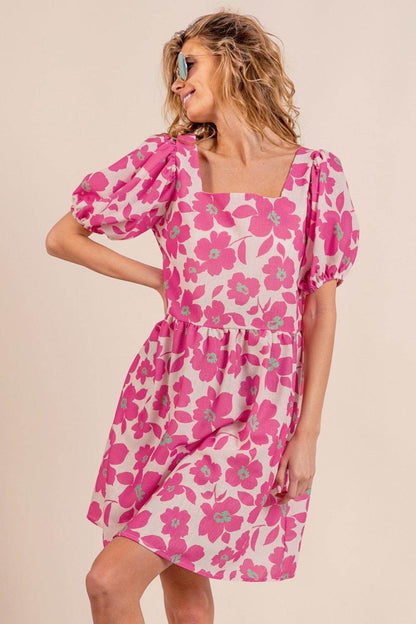 BiBi Printed Square Neck Puff Sleeve Mini Dress for Women - Selvanelle