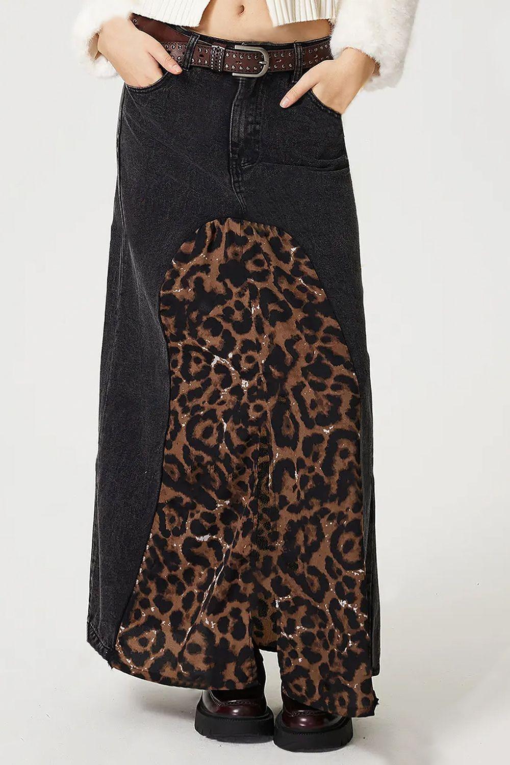 Slit Leopard Midi Denim Skirt for Trendy Casual Style