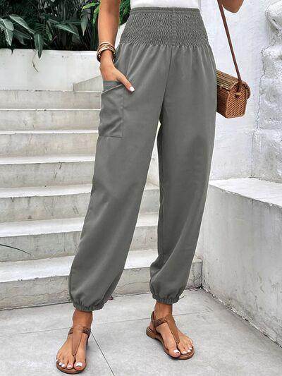 Smocked High Rise Joggers with Pockets for Women - Selvanelle