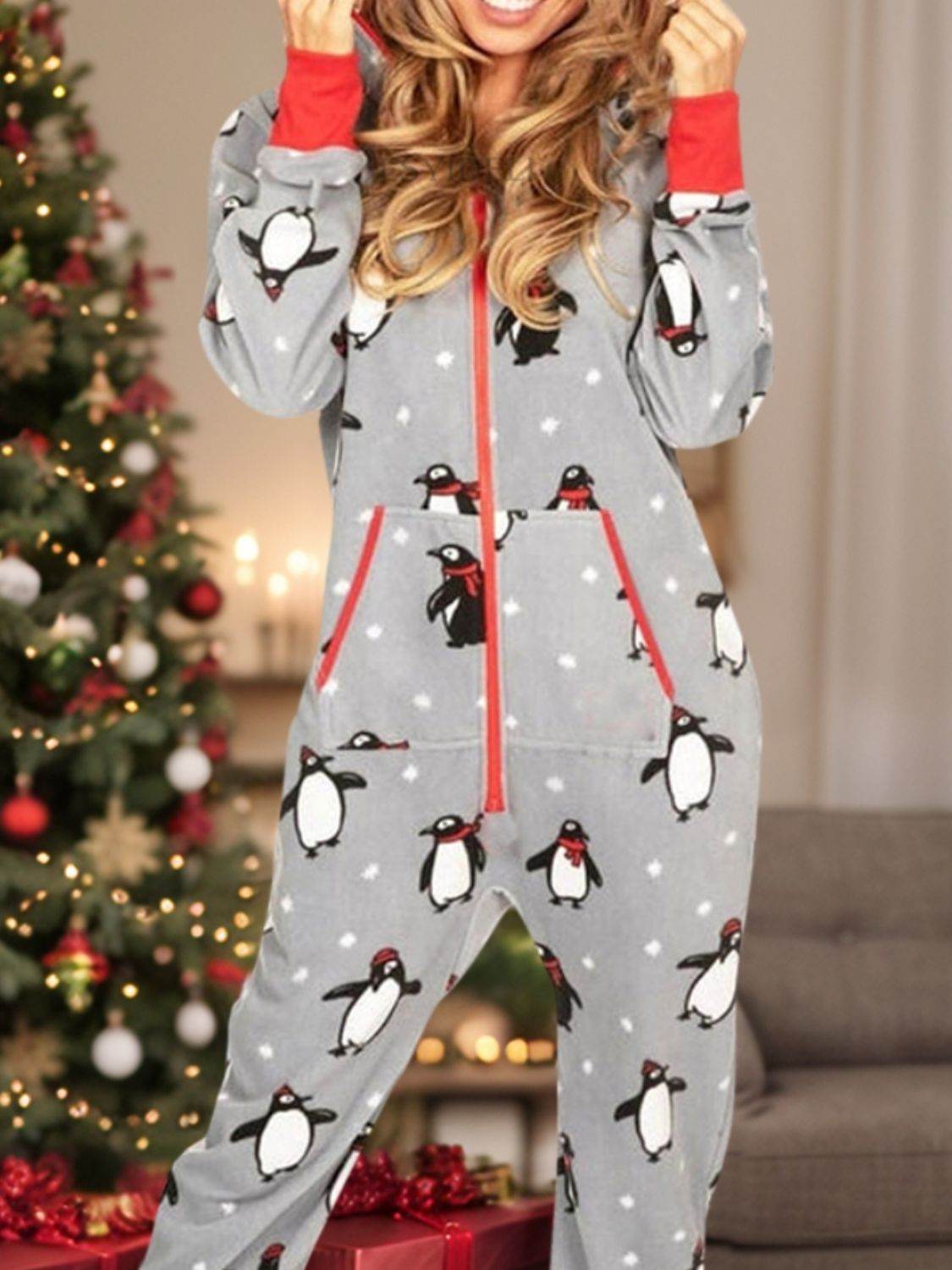 Printed Zip Up Long Sleeve Hooded Jumpsuit - Selvanelle